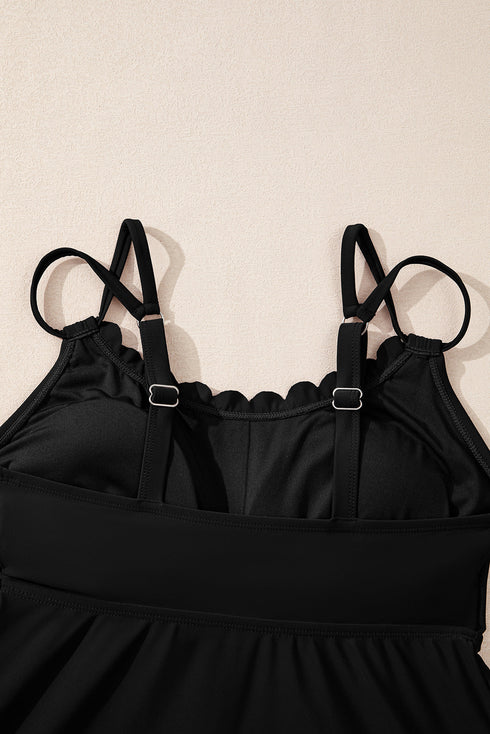 Black 2Pcs Solid Color Spaghetti Straps Tankini Set